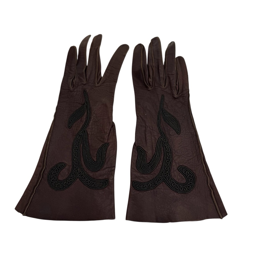 Vintage Embroidered Leather Gloves Women’s Brown